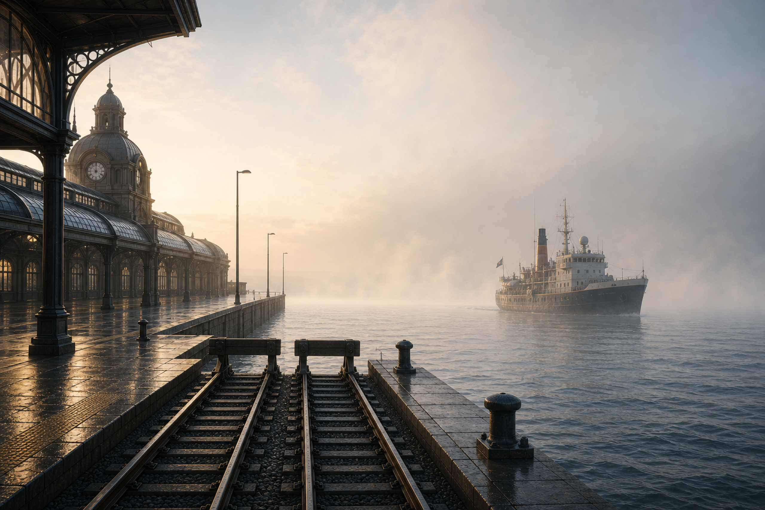 Railway tracks end at a harbour station, with an Expedition ship waiting beyond in open water.