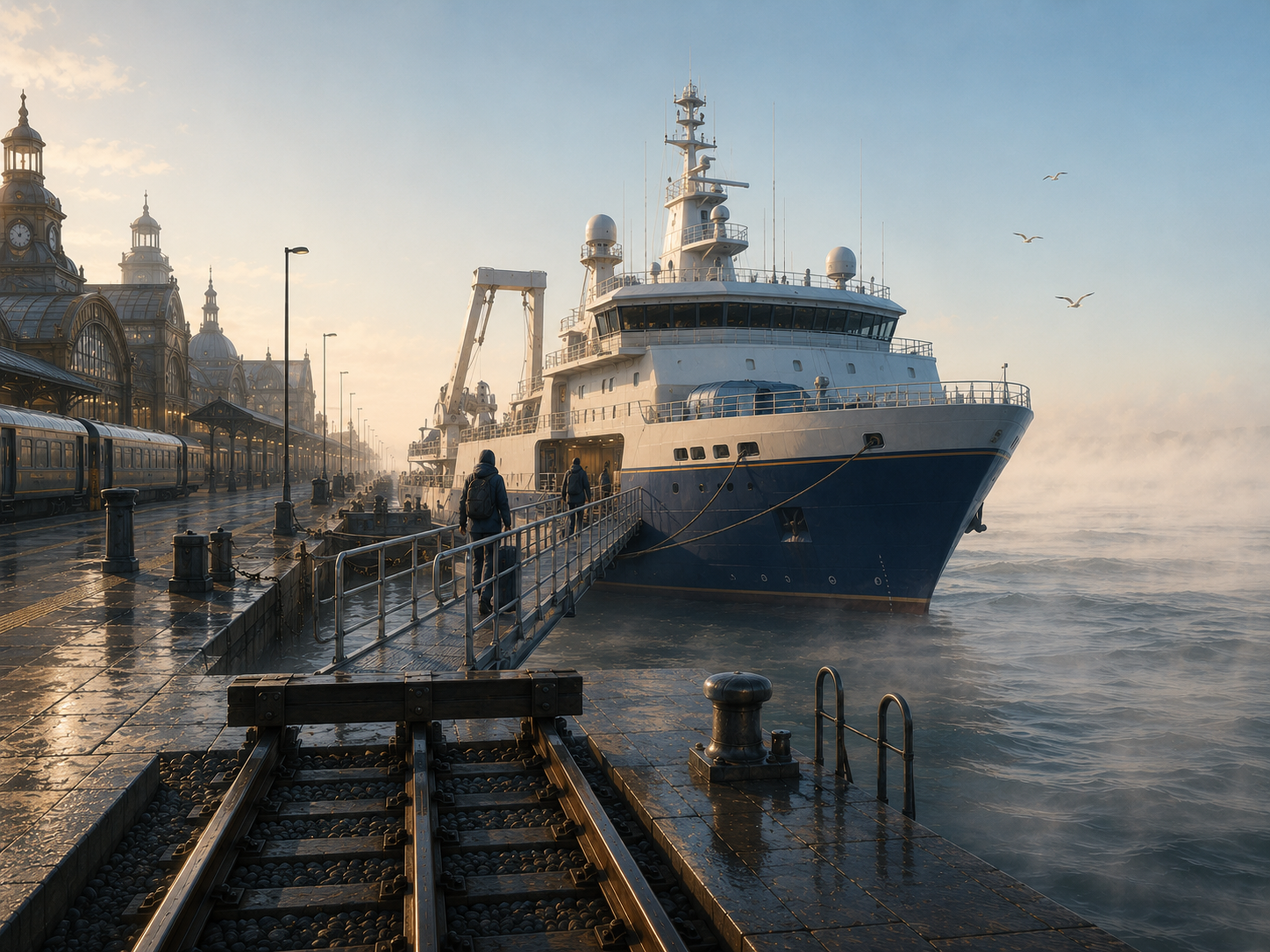 An Expedition vessel at the railway harbour, with people approaching across a gangway.